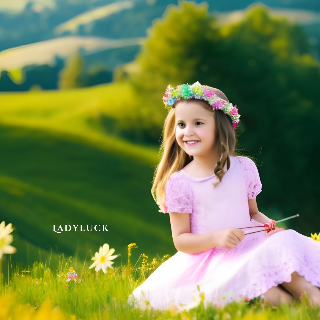 Lily sitting in a sunny meadow of wildflowers wearing a flower crown
